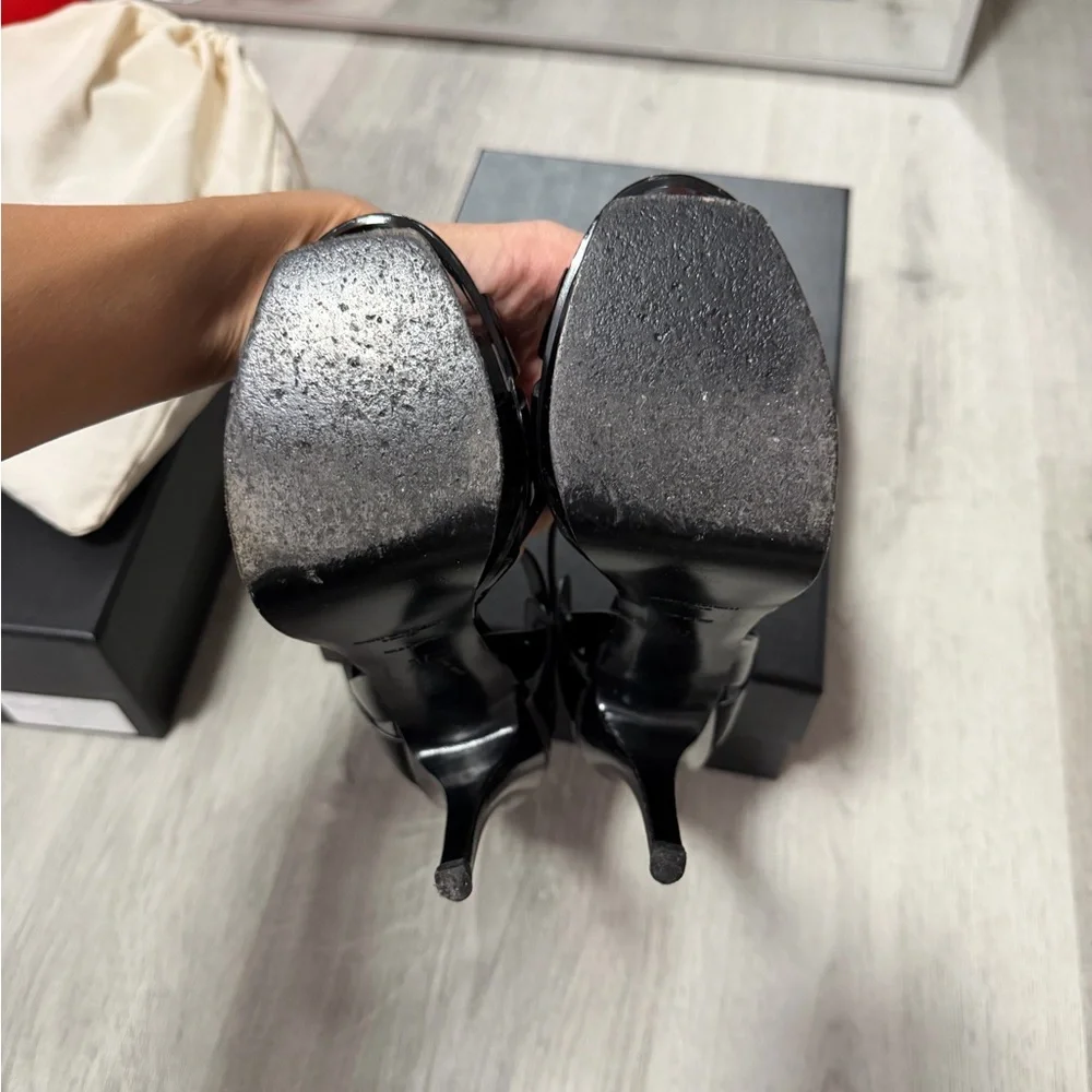 Saint Laurent Black Patent Leather Platform Sandals with Gold Logos